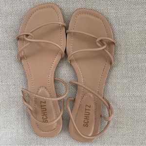 Schutz sandals. Flat, strappy, nude / beige / tan sandals. Size 7.5